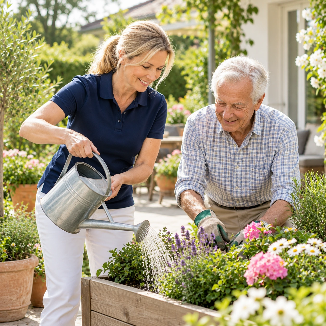 Gartenhilfe unterstützt eine Seniorin beim Gießen von Pflanzen