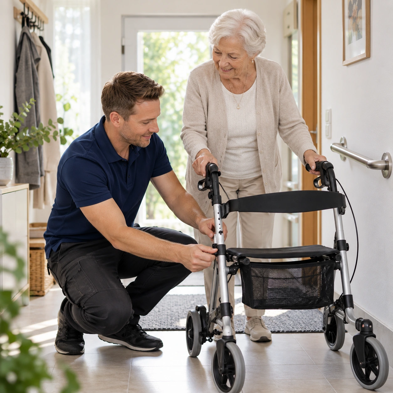 Mitarbeiter hilft einer Seniorin beim Einstellen eines Rollators im Zuhause